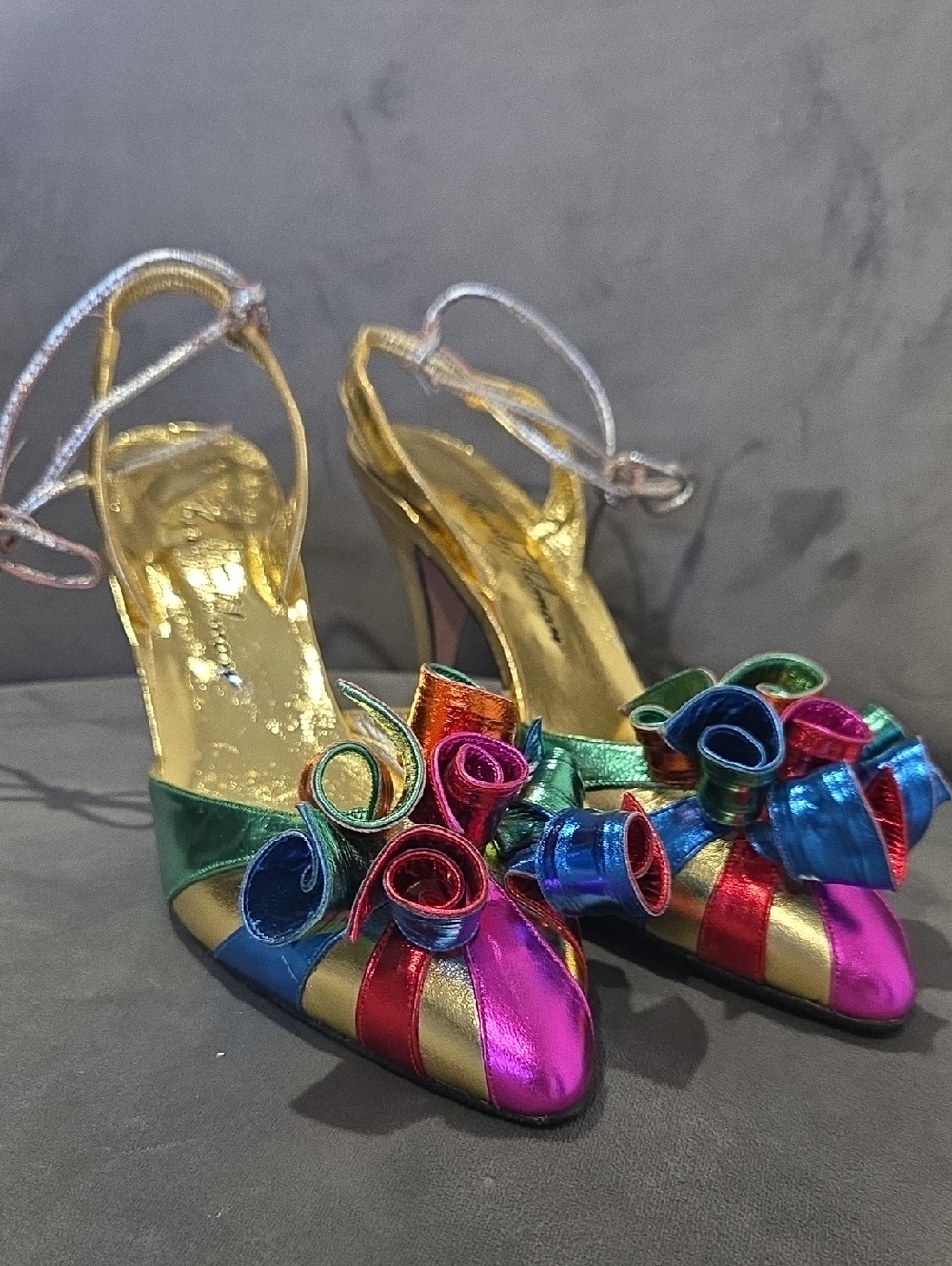 Beverly Feldman Vintage Metallic Multicolor Leather Ribbon-Embellished Heels